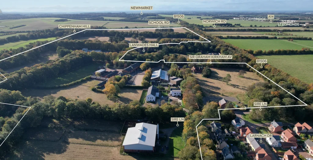Aerial photograph of the Lanwades Park estate with development plots outlined