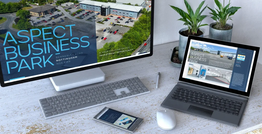 Aspect Business Park investment brochure and website shown on desktop, laptop and phone