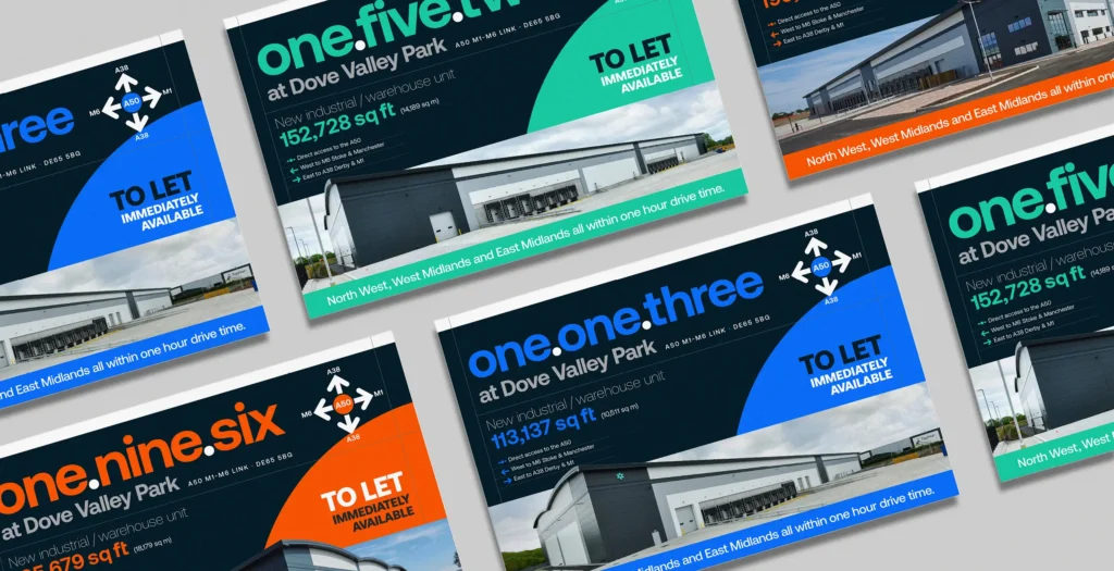 Dove Valley Park unit brochures and letting boards for one.one.three, one.five.two and one.nine.six